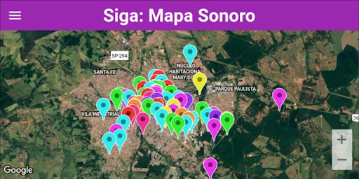 Imagem de um mapa com diversos locais sendo apontados por setas coloridas. Na parte superior está o texto "Siga: Mapa Sonoro" de branco, por cima de uma faixa roxa.